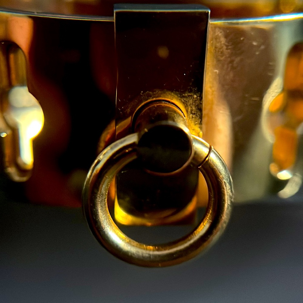 -Gold Tone Ring Hinged Clamper Statement Bracelet - image 7